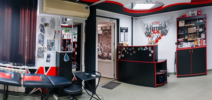 Tattoo salon VeAn in Belaya Tserkov. Stock.