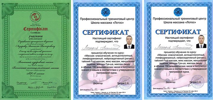 Certificate of a professional massage therapist in the studio «Lazarev Wellness» in Kharkov. Enjoy a discounted massage.