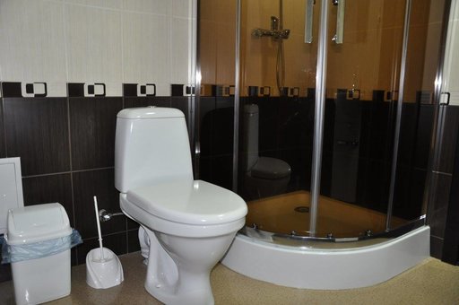 A bathroom with a shower in a 1-room suite in the "Polyana Aqua Resort" sanatorium in Transcarpathia. Book rooms for the promotion.
